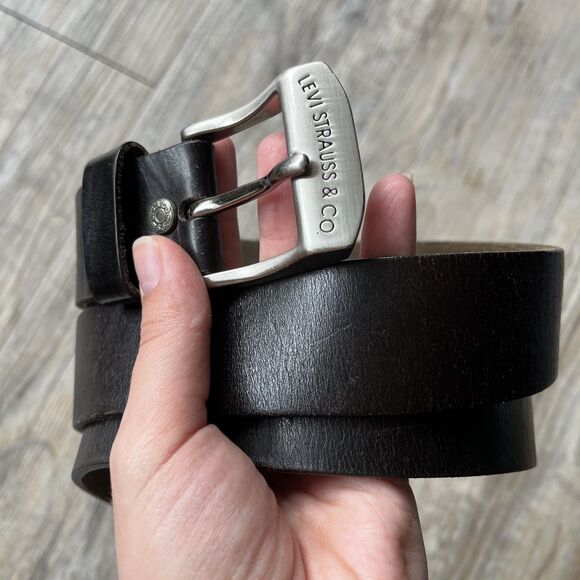 Levi Strauss Belt Leather Dark Brown Silver Square Buckle Name Logo 38/95 - Picture 1 of 10